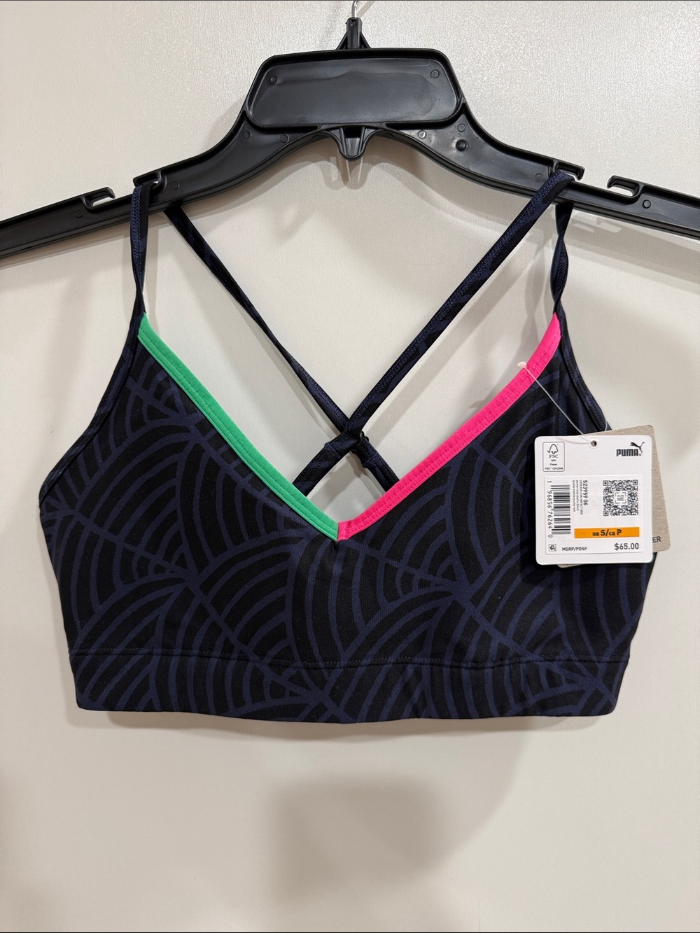 Puma Black Patterned Strappy Sports Bra with Pink & Green Trim - Picture 1 of 3